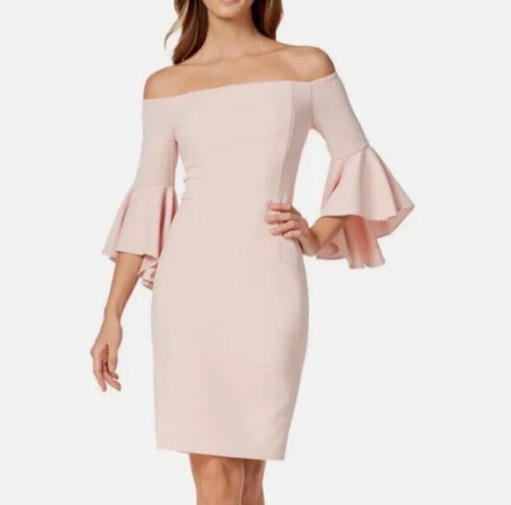 Calvin Klein Peach Pink Off Shoulder Ruffle Bell Sleeve Dress Womens 8 NEW NWT